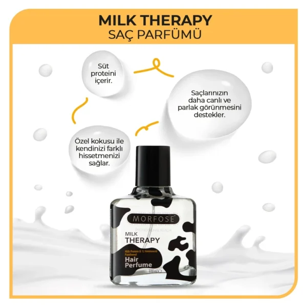 Morfose Milk Therapy saç parfümü özellikleri: süt proteini içeriği ve canlı parlak görünüm anlatımı