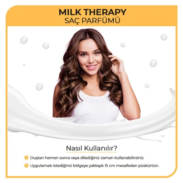 Morfose Milk Therapy saç parfümü kullanımı: duş sonrası, 15 cm mesafeden püskürtme anlatımı