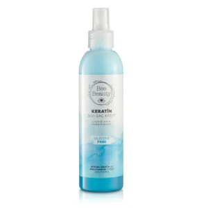 Bee Beauty keratin sıvı saç kremi 200 ml mavi püskürtmeli şişesi, beyaz zemin üzerinde önden görünüm