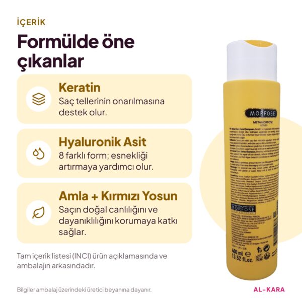 Morfose Metamorfose Bond Care Onarıcı Bakım Şampuanı 400 ml – öne çıkan içerikler bilgi görseli