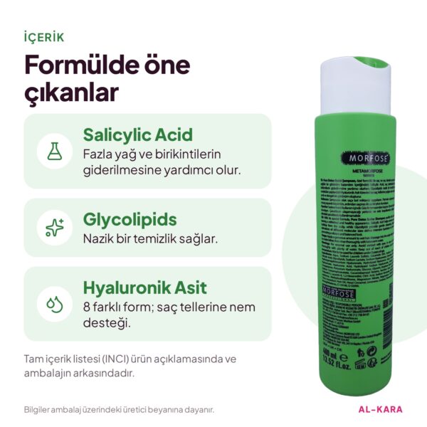 Morfose Metamorfose Pure Detox Arındırıcı Bakım Şampuanı 400 ml – öne çıkan içerikler bilgi görseli
