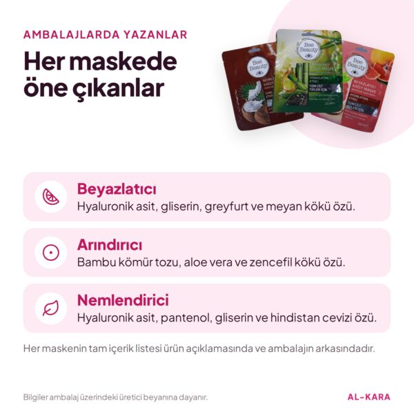 Bee Beauty Kağıt Maske 3’lü Set 75 ml – öne çıkan içerikler bilgi görseli