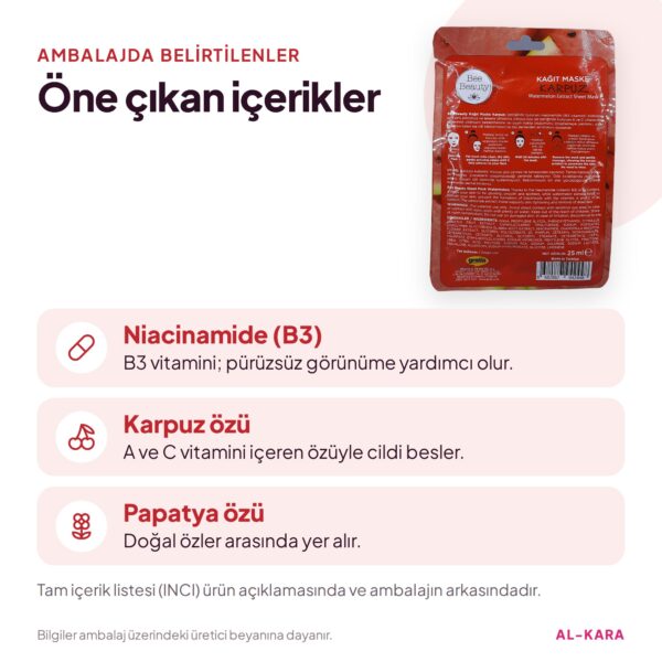 Bee Beauty Karpuz Özlü Arındırıcı Kağıt Yüz Maskesi 1 Adet – öne çıkan içerikler bilgi görseli