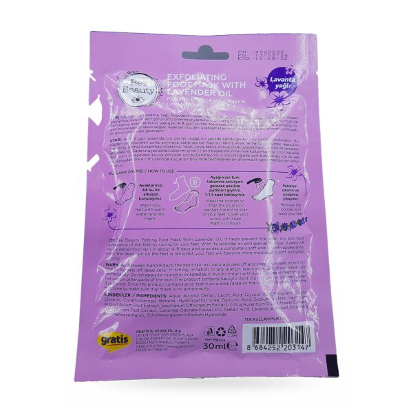 Bee Beauty Exfoliating Lavanta Yağlı Peeling Etkili Ayak Maskesi 1 Çift — arka yüz ve etiket bilgileri