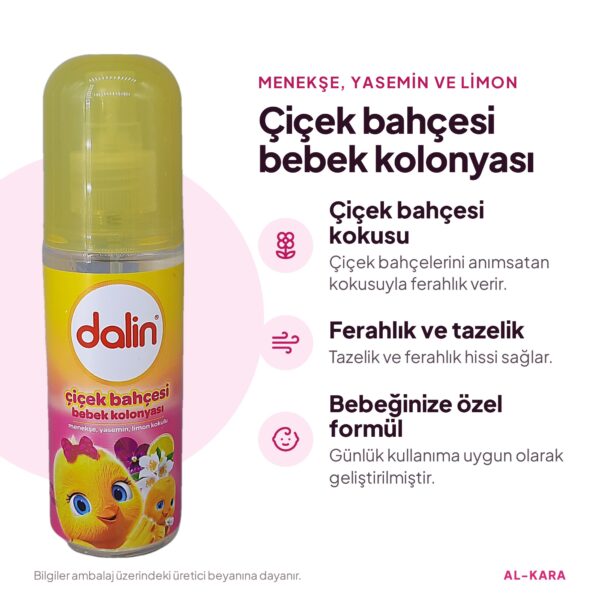 Dalin Çiçek Bahçesi Bebek Kolonyası 150 ml – Menekşe, Yasemin ve Limon Kokulu – faydaları ve özellikleri