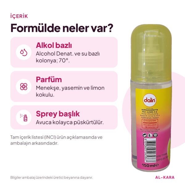 Dalin Çiçek Bahçesi Bebek Kolonyası 150 ml – Menekşe, Yasemin ve Limon Kokulu – içerik ve formül