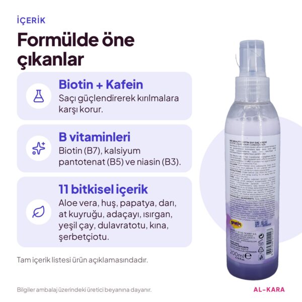 Bee Beauty Biotin & Kafein Sıvı Saç Kremi 200 ml – öne çıkan içerikler bilgi görseli