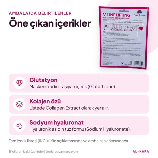 Pure Korean V-Line Glutathione X Collagen Yüz ve Çene Maskesi 15 g – öne çıkan içerikler bilgi görseli