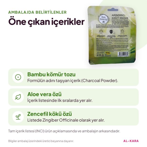 Bee Beauty Arındırıcı Kağıt Yüz Maskesi Bambu Kömür Tozlu 1 Adet – öne çıkan içerikler bilgi görseli