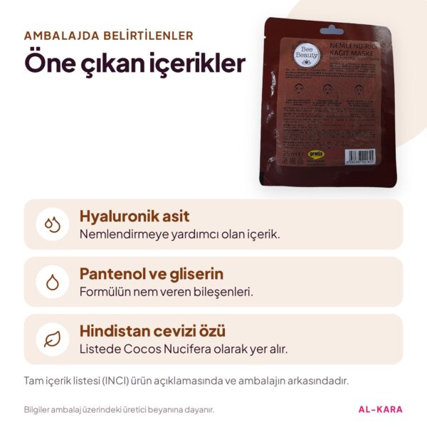 Bee Beauty Nemlendirici Kağıt Yüz Maskesi Hindistan Cevizi Özlü 1 Adet – öne çıkan içerikler bilgi görseli