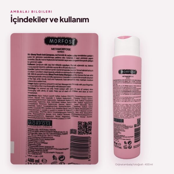 Glossy Touch şampuan arka etiket: içindekiler ve kullanım bilgileri