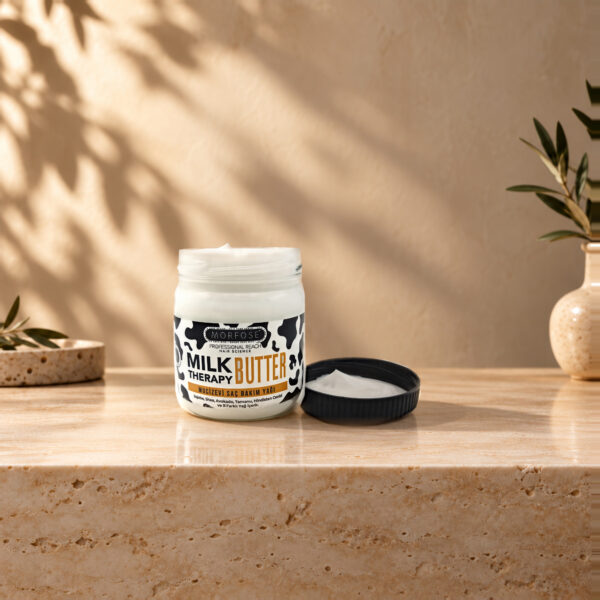 برطمان Morfose Milk Therapy Butter 200 مل مفتوح بجانب غطائه الأسود وقوام الكريم